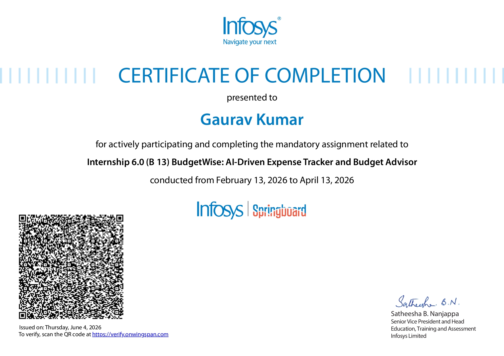 Internship Certificate - Infosys Springboard